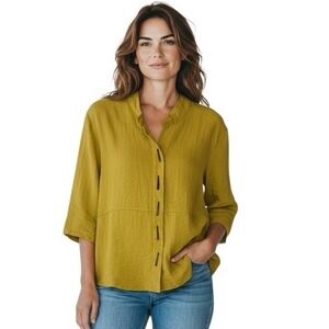 Habitat Clothes to Live in Button Up Top Size S Artsy Lagenlook Chartreuse